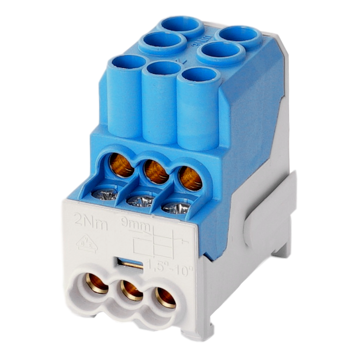 Borne de distr. UVB100 1p 2x16, 6x6mm² Cu N bleue