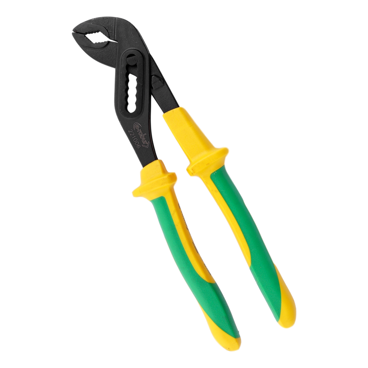 Rack and pinion pliers, insulated, 250 mm long.