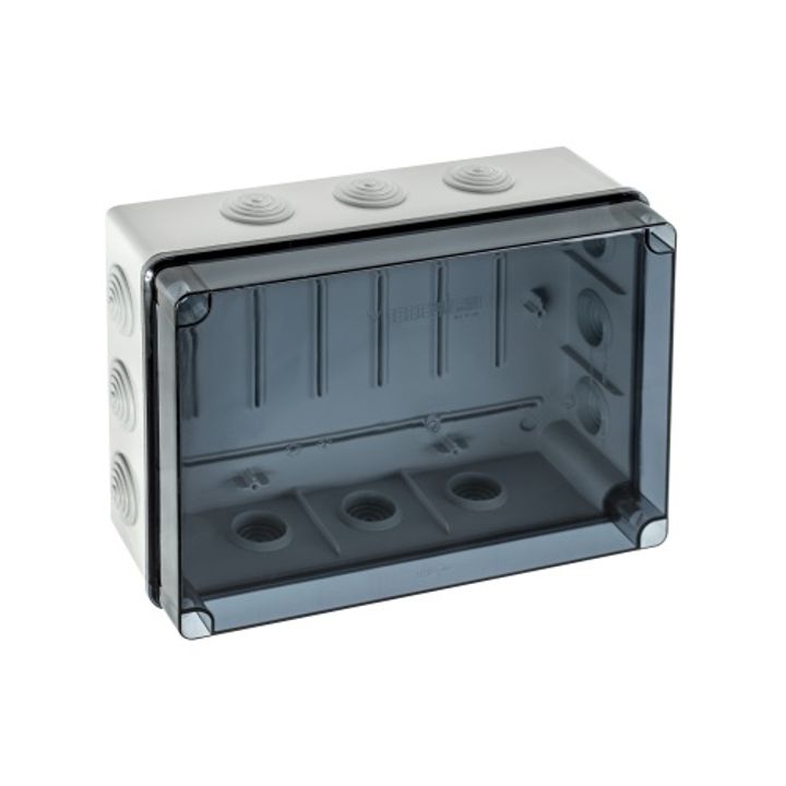 Aftakdoos 328x239x129 met ingangen + doorzicht. deksel