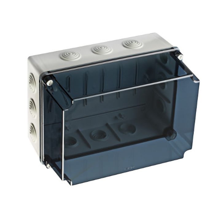Aftakdoos 328x239x188 met ingangen + doorzicht. Deksel hoog