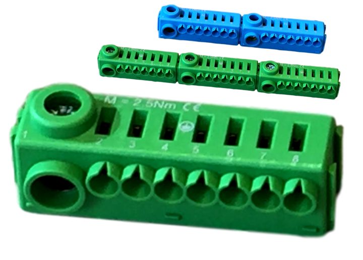 Blauwe neuterrail zonder schroeven Conexbox 2x25 + 14x4mm²