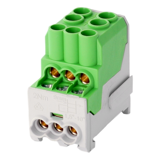 [/080010-2-4] Borne de distr. UVB100 1p 2x16, 6x6mm² Cu PE verte