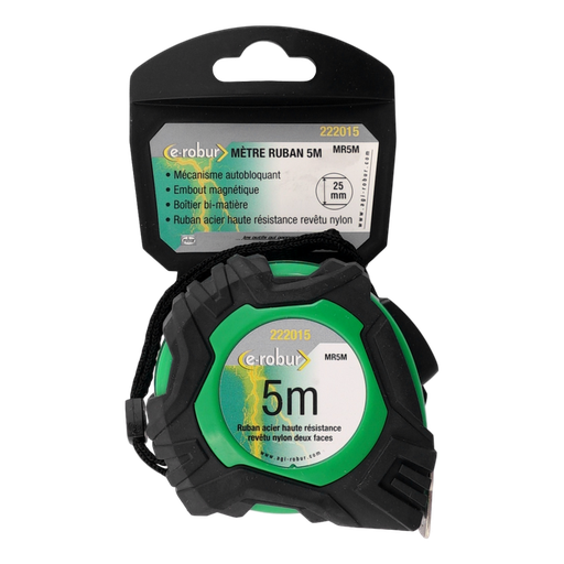 [/222015] Nylon-coated steel tape measure, 5 m long, self-locking, bimaterial case.