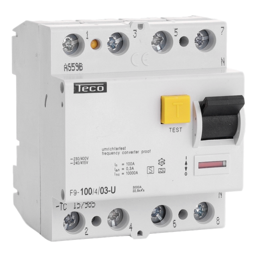 [/F9100403U] Differentialschalter Teco 4P 100A 300mA Type A Freq. Reg.